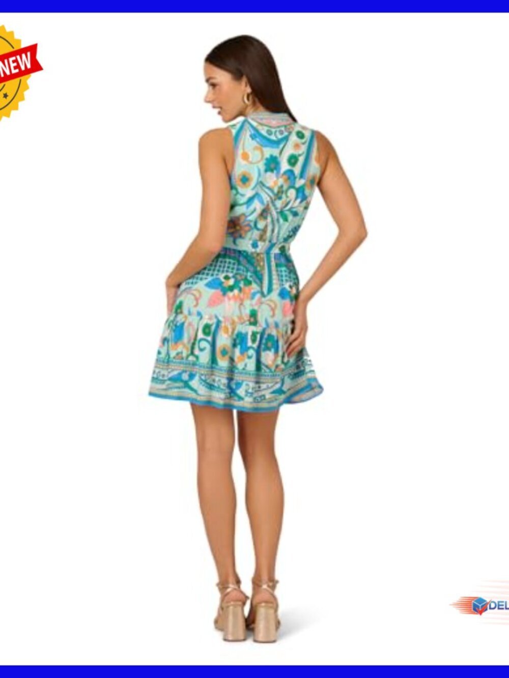 Printed Halter Sundress, A-Line Flounce Hem, Button Front, Tie Belt - Picture 2 of 5